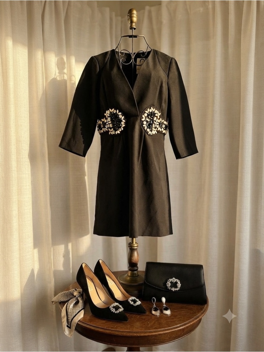KARTA Black Mini Dress w/ Gold & Cream Beaded Waist Embellishments Formal